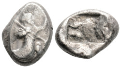 Greek
ACHAEMENID EMPIRE, Time of Darios I to Xerxes II (Circa 485-420 BC)
AR Siglos (16.7mm, 5.3g)
Obv: Persian king in kneeling-running stance right,...