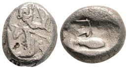Greek
ACHAEMENID EMPIRE, Time of Darios I to Xerxes II (Circa 485-420 BC)
AR Siglos (15mm, 5.3g)
Obv: Persian king in kneeling-running stance right, h...