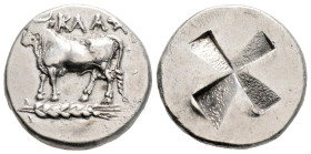 Greek 
BITHYNIA, Kalchedon (Circa 340-320 BC)
AR Siglos (18mm, 5.3g)
Obv: KAΛX. Bull standing left on grain ear.
Rev: Mill-sail incuse.
SNG BM Black S...