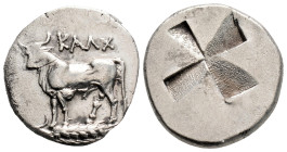 Greek 
BITHYNIA, Kalchedon (Circa 340-320 BC)
AR Siglos (18.6mm, 5.3g)
Obv: KAΛX. Bull standing left on grain ear.
Rev: Mill-sail incuse.
SNG BM Black...