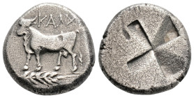 Greek 
BITHYNIA, Kalchedon (Circa 340-320 BC)
AR Siglos (16.3mm, 5g)
Obv: KAΛX. Bull standing left on grain ear.
Rev: Mill-sail incuse.
SNG BM Black S...