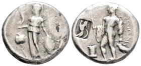 Greek
PAMPHYLIA, Side (Circa 380-333 BC)
AR stater (20.8mm, 7.2g)
Obv: Athena standing left, Nike right in right hand, left hand on grounded shield; p...