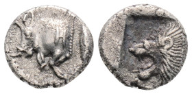 Greek
MYSIA, Kyzikos (Circa 525-475 BC)
AR Diobol (4.8mm, 1.1g)
Obv: Forepart of running boar left, H on shoulder; to right, tunny upward
Rev: Head of...