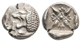 Greek
IONIA, Miletos (Circa Late 6th-early 5th century BC)
AR Diobol (9.1mm, 1g)
Obv: Forepart of lion right, head reverted.
Rev: Stellate pattern wit...