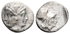 Greek
MYSIA, Lampsakos (Circa 4th-3rd centuries BC)
AR Diobol (11.6mm, 1g)
Obv: Janiform female head 
Rev: Head of Athena right, wearing crested Corin...