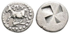 Greek
THRACE, Byzantion (Circa 340-320 BC)
AR Diobol (11mm, 1g)
ObV: ΠY. Bull standing left on dolphin
Rev: Quadripartite millsail incuse.
SNG BM Blac...