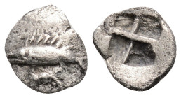 Greek
MYSIA, Kyzikos (Circa 600-550 BC)
AR Obol (4.1mm, 0.45g)
Obv: Tunny left.
Rev: Quadripartite incuse square.
Von Fritze II 5; SNG France –; SNG v...