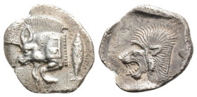 Greek
MYSIA, Kyzikos (Circa 450-400 BC)
AR Obol (12.3mm, 0.8g)
Obv: Forepart of boar left, with Ǝ on shoulder; to right, tunny upward./
Rev: Head of r...