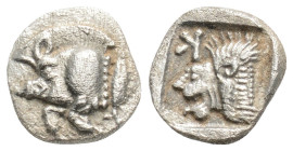 Greek
MYSIA, Kyzikos (Circa 450-400 BC)
AR Obol (9.7mm, 0.7g)
Obv: Forepart of boar left; tunny to right.
Rev: Head of roaring lion left; retrograde K...