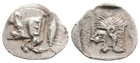 Greek
MYSIA, Kyzikos (Circa 450-400 BC)
AR Obol (8mm, 0.73g)
Obv: Forepart of boar left, with Ǝ on shoulder; to right, tunny upward./
Rev: Head of roa...