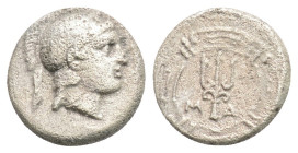 Greek
IONIA, Magnesia ad Maeandrum (Circa 400-350 BC)
AR Obol (4.1mm, 0.77g)
Obv: Helmeted head of Athena right 
Rev: Trident within circular maeander...