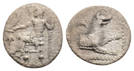 Greek
LYCAONIA, Laranda (Circa 4th century BC)
AR Obol (10.5mm, 0.5g)
Obv: Baaltars seated left, holding grain ear, grapes and sceptre.
Rev: Forepart ...
