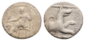 Greek
LYCAONIA, Laranda (Circa 4th century BC)
AR Obol (9.7mm, 0.6g)
Obv: Baaltars seated left, holding grain ear, grapes and sceptre.
Rev: Forepart o...