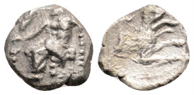 Greek
LYCAONIA, Laranda (Circa 4th century BC)
AR Obol (11mm, 0.5g)
Obv: Baaltars seated left, holding grain ear, grapes and sceptre.
Rev: Forepart of...