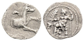 Greek
LYCAONIA, Laranda (Circa 4th century BC)
AR Obol (11.8mm, 0.6g)
Obv: Baaltars seated left, holding grain ear, grapes and sceptre.
Rev: Forepart ...