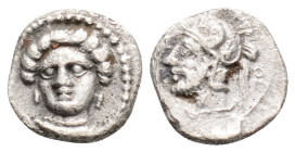 Greek
CILICIA, Tarsos, Time of Pharnabazos and Datames (Circa 384-361/0 BC)
AR Obol (9.2mm, 0.7g)
Obv: Facing head of a local water Nymph, turned slig...
