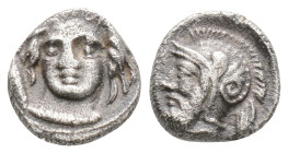 Greek
CILICIA, Tarsos, Time of Pharnabazos and Datames (Circa 384-361/0 BC)
AR Obol (8.6mm, 0.7g)
Obv: Facing head of a local water Nymph, turned slig...