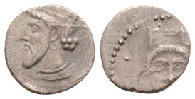Greek
Uncertain,Tarsos or Myriandros? (Circa 350-338 BC)
AR Obol(9.5mm 0.5 g)
Obv: Bearded head of Great King left, wearing crown (Artaxerxes III Ocho...
