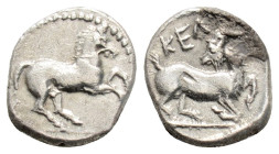 Greek
CILICIA, Kelenderis (Circa 3rd century BC) 
AR Obol (10.2mm, 0.7g)
Obv: Horse rearing right.
Rev: KEΛ. Goat kneeling left, head right.
Göktürk 8...