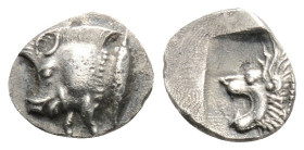 Greek
MYSIA, Kyzikos (Circa 450-400 BC)
AR Hemiobol (8.5mm, 0.3g)
Obv: Forepart of boar left; to right, tunny upward.
Rev: Head of roaring lion left; ...