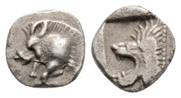 Greek
MYSIA, Kyzikos (Circa 450-400 BC)
AR Hemiobol (7.2mm, 0.3g)
Obv: Forepart of boar left; to right, tunny upward.
Rev: Head of roaring lion left; ...