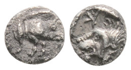 Greek
MYSIA, Kyzikos (Circa 450-400 BC)
AR Hemiobol. (1.3mm, 0.28g)
Obv: Forepart of boar right, tunny behind.
Rev: Head of lion left; retrograde K to...