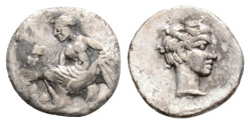 Greek 
CILICIA, Tarsos, Tiribazos (Circa 388-380 BC)
AR Hemiobol (9mm, 0.3g)
Obv: Nymph kneeling left, casting astragaloi.
Rev: Youthful male head rig...