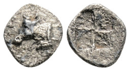 Greek 
THRACE, Byzantion (Circa 387-340 BC)
AR Hemiobol (8.4mm, 0.3g)
Obv: Forepart of bull left; ΠΥ behind.
Rev: Quadripartite incuse square.
SNG BM ...