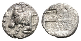 Greek 
THRACE, Byzantion (Circa 387-340 BC)
AR Hemiobol (8mm, 0.3g)
Obv: Forepart of bull left; ΠΥ behind.
Rev: Quadripartite incuse square.
SNG BM Bl...