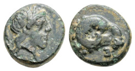 Greek
TROAS Kebren (Circa 387-310 BC)
AE Bronze (9.4mm, 0.9g)
Obv: Head of ram right; monogram below. 
Rev: Laureate head of Apollo right. 
SNG Copenh...