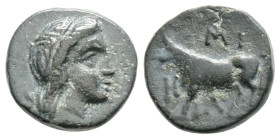 Greek
MYSIA, Miletopolis (Circa 4th century BC)
AE Bronze (6.4mm, 1.4g)
Obv: Laureate head of Apollo right; below, tunny right 
Rev: MIΛH . Bull advan...