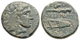 Greek
KINGS of MACEDON, Alexander III 'the Great' (Circa 336-323 BC)
AE Unit (19.3mm, 6g)
Obv: Head of Herakles right, wearing lion skin.
Rev: Club ab...