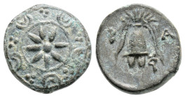 Greek
KINGS OF MACEDON, Alexander III 'the Great' (Circa 336-323 BC)
Ae 1/2 Unit. (7.5mm, 1.8g)
Obv: Macedonian shield, with star on boss.
Rev: B - A....
