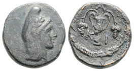 Greek
BITHYNIA, Kios (Circa 3rd century BC)
AE Bronze (15.6mm, 2.9g)
Obv: Head of Mithras right, wearing Phrygian cap
Rev: Kantharos between two bunch...