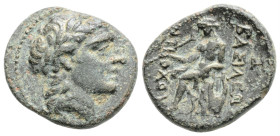 Greek
SELEUKID EMPIRE, Antiochos II Theos (Circa 261-246 BC)
AE Bronze (17mm, 3.1g)
Obv: Laureate head of Apollo right.
Rev: Apollo Delphios seated le...
