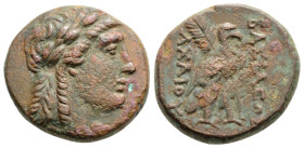 Greek
SELEUKID KINGDOM, Achaios (Usurper, 220-214 BC)
AE Bronze (18.9mm, 6.4g)
Obv: Laureate head of Apollo right.
Rev: BAΣIΛEΩΣ / AXAIOY. Eagle stand...