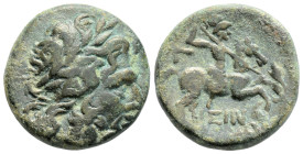 Greek
PISIDIA, Isinda (Circa 2nd-1st century BC)
AE Bronze (19.1mm, 6.2g)
Obv: Laureate head of Zeus r. 
Rev: IΣIN Horseman on prancing horse r., hurl...