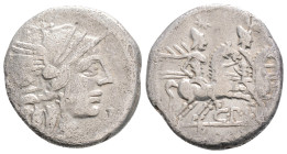 Roman Republican
C. Plutius. (121 BC) Rome 
AR Denarius (18.6mm, 3.6 g) 
Obv: Helmeted head of Roma right; X (mark of value) behind 
Rev:The Dioscuri,...