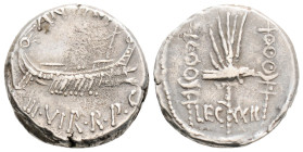 Roman Republican 
Mark Antony, (44-30 BC) military mint moving with Mark Antony (Patrae?), 32-31 BC.
AR Denarius (16.7 mm, 3.6 g)
Obv: ANT•AVG III VIR...