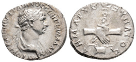 Roman Provincial
CAPPADOCIA, Caesarea, Trajan (98-117 AD)
AR Drachm (19.5mm, 3.5g)
Obv: Laureate head right
Rev: Right hands clasped over military sta...