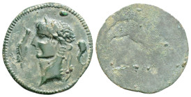 Roman Provincial
ASIA MINOR. Uncertain. Augustus ?(27 BC-AD 14)Tessera ?
AE Bronze (20.2 mm, 1.2 g). 
Obv: Laureate head right, two catfish
Rev: Blank...