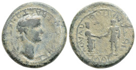 Roman Provincial 
LYDIA, Magnesia ad Sipylum, Tiberius (14-37 AD)
AE Bronze (20.7mm, 6g).
Obv: TIBЄPION CЄBACTON KTICTHN. Laureate head right. 
Rev: M...