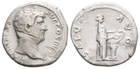 Roman Imperial 
Hadrian (117-138 AD) Rome
AR Denarius (18mm, 2.9g)
Obv: HADRIANVS AVG COS III P P. Bare head right.
Rev: SALVS AVG. Salus standing rig...