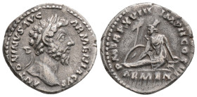 Roman Imperial 
Marcus Aurelius (161-180 AD) Rome
AR Denarius (18mm, 3.1g)
Obv: ANTONINVS AVG ARMENIACVS. Bare head right.
Rev: P M TR P XVIII IMP II ...
