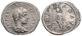 Roman Imperial
Elagabalus(218-222 AD) Rome
AR Denarius (20.6mm, 2.3g)
Obv: IMP ANTONINVS PIVS AVG, laureate and draped bust to right 
Rev: LIBERTAS AV...