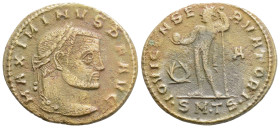 Roman Imperial 
Maximinius Daia (310-313 AD) Thessalonica
AE Follis (24.3mm, 4.6g)
Obv: MAXIMINVS P F AVG. Laureate head right.
Rev: IOVI CONSERVATORI...