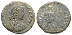 Roman Imperial
Honorius (393-423 AD) Kyzikos
AE Follis (17.3mm, 3g)
Obv: DN HONORIVS P F AVG, diademed and draped bust right 
Rev: VIRTVS EXERCITI, Em...