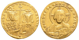 Byzantine
Constantine VII, with Romanus II (947-950 AD) Constantinople
AV Solidus (19.6mm, 4.30g)
OBV: ⧾ IҺS XPS RЄX RЄϚNANTIЧm (signature), facing bu...