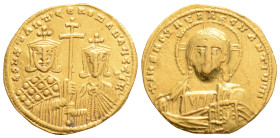 Byzantine
Constantine VII, with Romanus II (947-950 AD) Constantinople
AV Solidus (20.5mm, 4.3g)
OBV: ⧾ IҺS XPS RЄX RЄϚNANTIЧm (signature), facing bus...