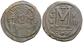 Byzantine
Justinian I (527-565 AD) Constantinople 
AE Follis (39.7mm, 23.6g)
Obv: D N IVSTINI-ANVS P P AVG, helmeted and cuirassed bust of Justinian I...